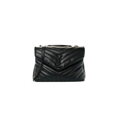 YSL CALFSKIN Y QUILTED MONOGRAM MEDIUM LOULOU CHAIN SATCHEL BLACK (32*22*11cm) 